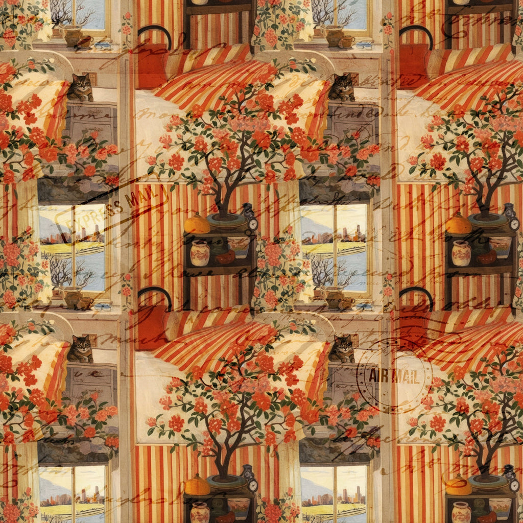 orange, rust, cream, beige, red, striped patterns, floral motifs, flowering tree, tabby cats, vintage postcards, window scenes, cottage interior, bonsai tree,, fabric panel, cottagecore aesthetic, cozy atmosphere, warm tones, domestic scenes, repeating blocks
