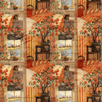 orange, rust, cream, beige, red, striped patterns, floral motifs, flowering tree, tabby cats, vintage postcards, window scenes, cottage interior, bonsai tree,, fabric panel, cottagecore aesthetic, cozy atmosphere, warm tones, domestic scenes, repeating blocks