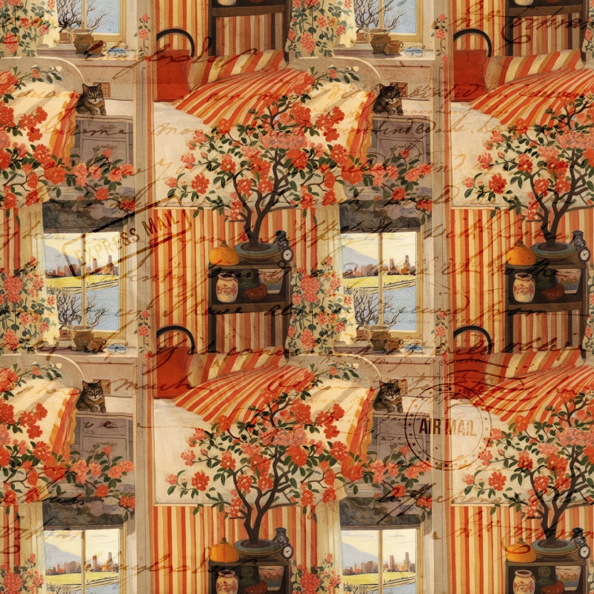 orange, rust, cream, beige, red, striped patterns, floral motifs, flowering tree, tabby cats, vintage postcards, window scenes, cottage interior, bonsai tree,, fabric panel, cottagecore aesthetic, cozy atmosphere, warm tones, domestic scenes, repeating blocks