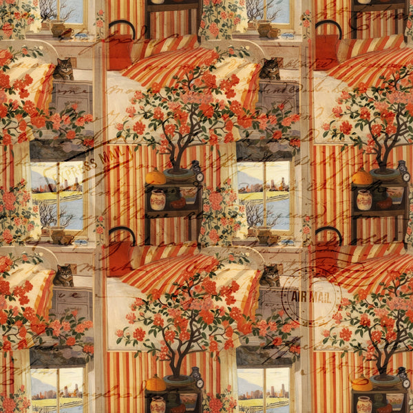 orange, rust, cream, beige, red, striped patterns, floral motifs, flowering tree, tabby cats, vintage postcards, window scenes, cottage interior, bonsai tree,, fabric panel, cottagecore aesthetic, cozy atmosphere, warm tones, domestic scenes, repeating blocks