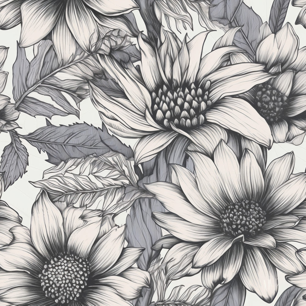 black and white, grayscale, monochrome, floral, botanical, sunflowers, daisy, nature, naturalistic, elegant, sophisticated, classic, traditional, line art, sketch style, detailed, intricate, garden, wildflower, spring, summer, home decor, bedroom, living room, farmhouse, vintage, timeless, romantic, artistic