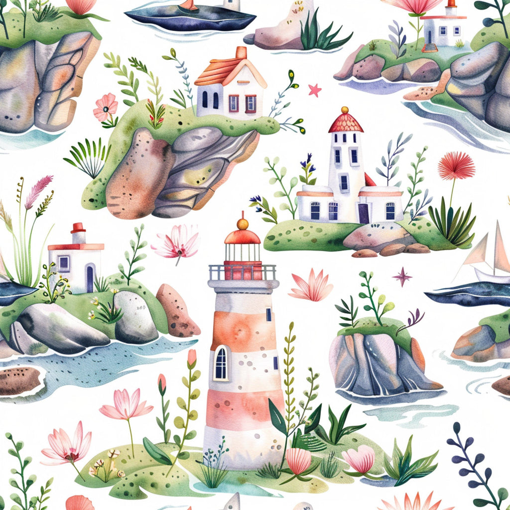 watercolor style, lighthouse, coastal scene, coral pink, sage green, navy blue, cream white, rocky cliffs, small houses, sailing boats, botanical elements, floral motifs, seaside village, whimsical illustration,, fabric panel, springtime theme, nautical design, soft pastels, scattered pattern