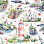 watercolor style, lighthouse, coastal scene, coral pink, sage green, navy blue, cream white, rocky cliffs, small houses, sailing boats, botanical elements, floral motifs, seaside village, whimsical illustration,, fabric panel, springtime theme, nautical design, soft pastels, scattered pattern