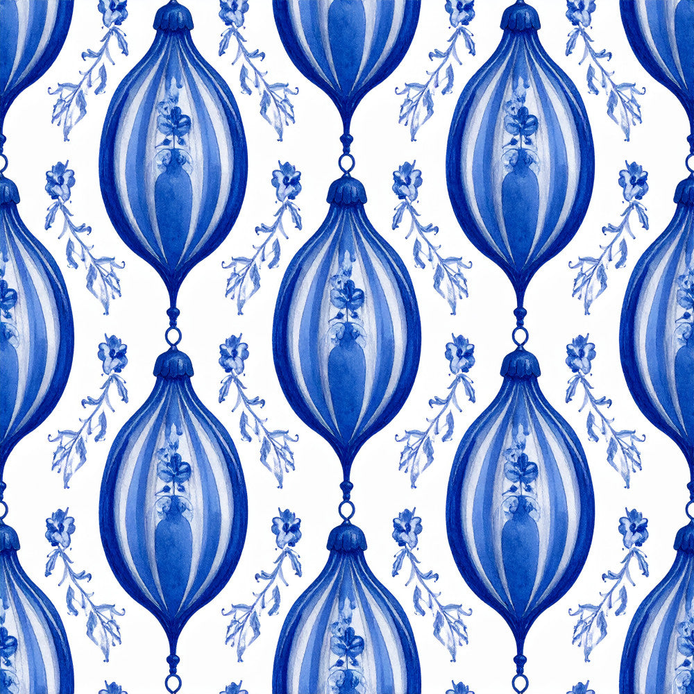 royal blue, navy blue, light blue, white, periwinkle, delicate blue, ornamental, elegant, vintage, traditional, botanical, floral, damask, decorative, hanging ornaments, teardrop shapes, bell flowers, botanical elements, classic, sophisticated, timeless, ornate, formal, victorian, blue and white, delicate florals, nature inspired, garden, hanging flowers, ornate details