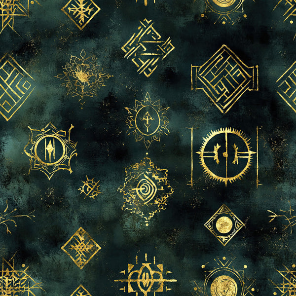 forest green, teal, dark green, gold, golden yellow, metallic gold, geometric, abstract, celestial, mystical, occult, magical, witchy, fantasy, elegant, luxurious, ornate, vintage, gothic, dark academia, symbols, circles, crosses, moons, celestial bodies, constellation, boho, bohemian, enchanted, sophisticated