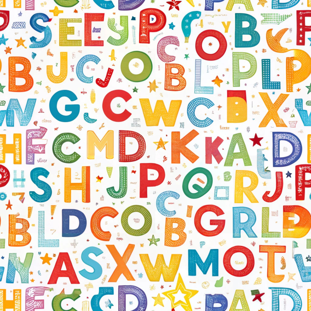 alphabet letters, colorful letters, rainbow colors, red, blue, green, yellow, orange, purple, educational theme, back to school, learning motif, bright colors, scattered letters, random placement, children's fabric,, fabric panel, playful design, primary colors, multicolored text, school theme, geometric stars, dotted patterns