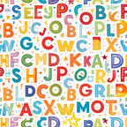 alphabet letters, colorful letters, rainbow colors, red, blue, green, yellow, orange, purple, educational theme, back to school, learning motif, bright colors, scattered letters, random placement, children's fabric,, fabric panel, playful design, primary colors, multicolored text, school theme, geometric stars, dotted patterns