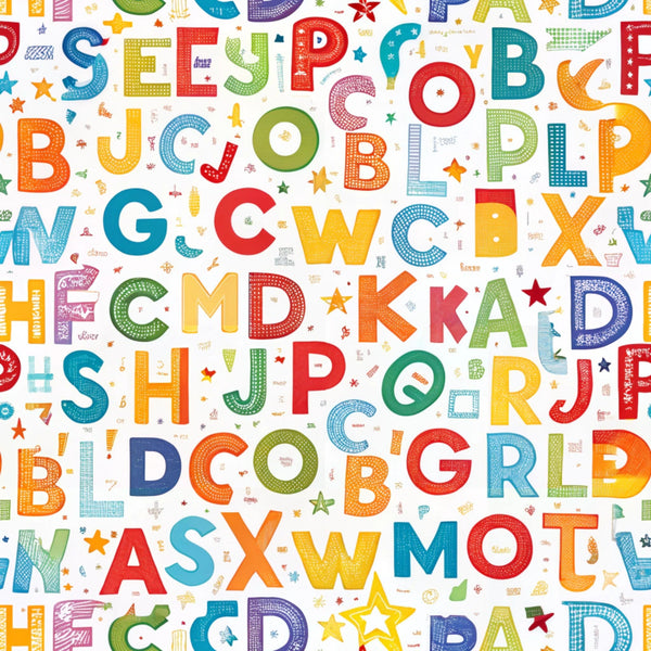 alphabet letters, colorful letters, rainbow colors, red, blue, green, yellow, orange, purple, educational theme, back to school, learning motif, bright colors, scattered letters, random placement, children's fabric,, fabric panel, playful design, primary colors, multicolored text, school theme, geometric stars, dotted patterns