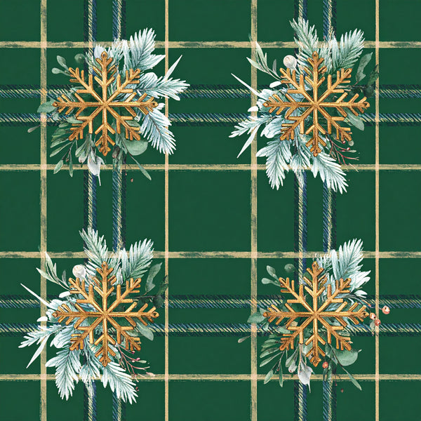forest green, gold snowflake, winter, holiday, christmas, plaid, tartan, checkered, elegant, traditional, festive, botanical, nature-inspired, white flowers, blue-green foliage, metallic gold, seasonal, luxury, sophisticated, modern traditional, evergreen, frozen, cold weather, decorative, geometric snowflakes, premium, classic holiday, winter wonderland, celebration