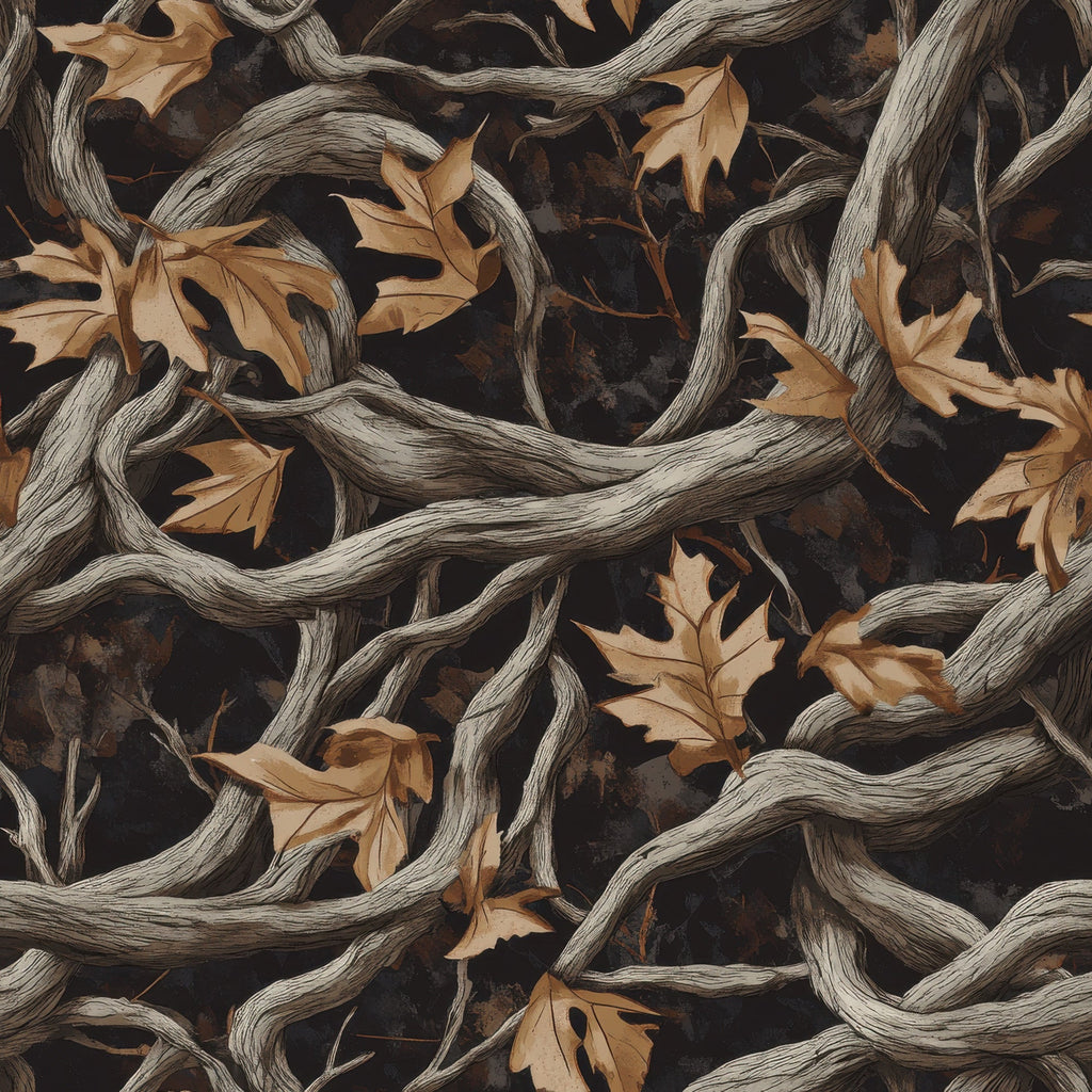 realistic camo, hunting pattern, twisted branches, autumn leaves, oak leaves, brown tones, tan colors, weathered wood, camouflage design, outdoor theme, nature motif,, fabric panel, earth tones, woodland pattern, hunting camouflage, natural textures, fall foliage, organic shapes, rustic style