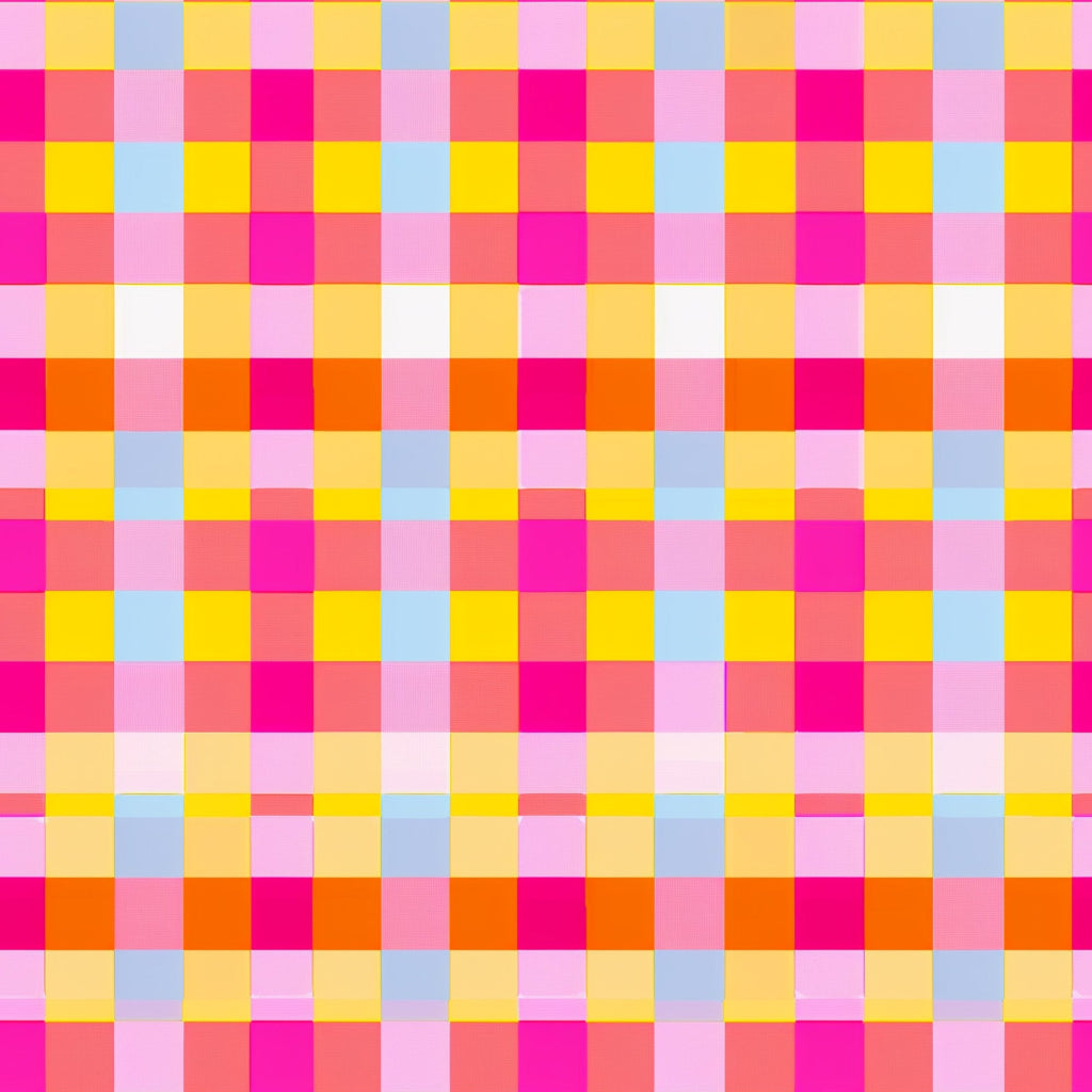 neon pink, bright yellow, light blue, orange, coral, gingham pattern, checkered design, geometric squares, vibrant colors, electric hues,, fabric panel, plaid weave, grid pattern, retro style, summer bright, fluorescent tones, checkerboard layout, modern gingham, crafting material