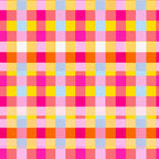neon pink, bright yellow, light blue, orange, coral, gingham pattern, checkered design, geometric squares, vibrant colors, electric hues,, fabric panel, plaid weave, grid pattern, retro style, summer bright, fluorescent tones, checkerboard layout, modern gingham, crafting material