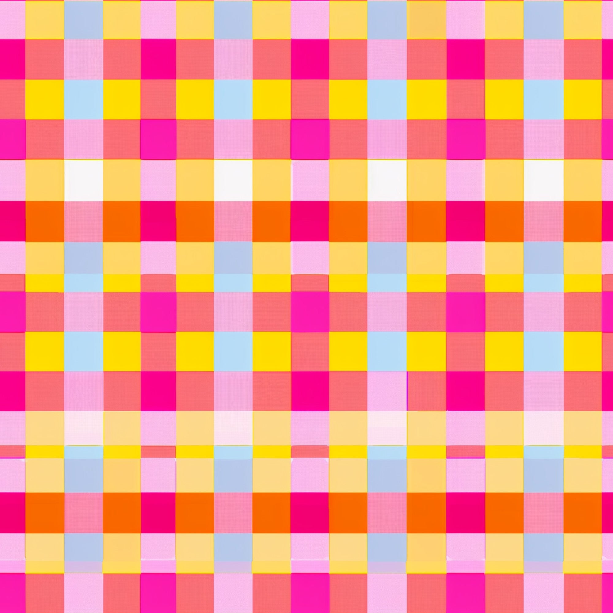 neon pink, bright yellow, light blue, orange, coral, gingham pattern, checkered design, geometric squares, vibrant colors, electric hues,, fabric panel, plaid weave, grid pattern, retro style, summer bright, fluorescent tones, checkerboard layout, modern gingham, crafting material