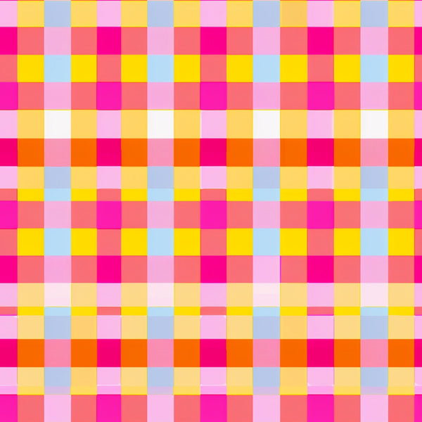 neon pink, bright yellow, light blue, orange, coral, gingham pattern, checkered design, geometric squares, vibrant colors, electric hues,, fabric panel, plaid weave, grid pattern, retro style, summer bright, fluorescent tones, checkerboard layout, modern gingham, crafting material