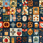 navy blue, cream, rust orange, coral red, forest green, gold, heart, pretzel, beer mug, floral, geometric, vintage, farmhouse, bavarian, german, folk art, traditional, whimsical, retro, rustic, cross, leaves, flowers, food motifs, gingerbread, cherries, tomato, beer, hearts, patchwork
