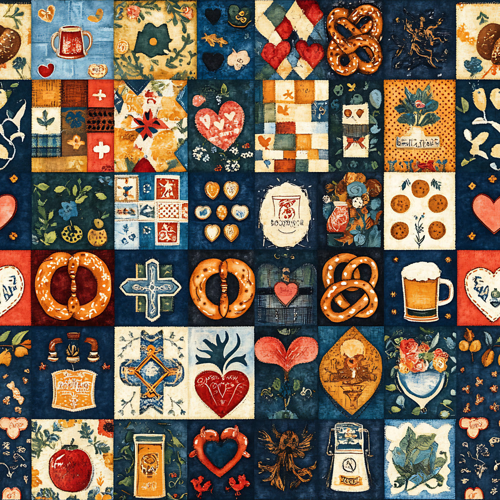navy blue, cream, rust orange, coral red, forest green, gold, heart, pretzel, beer mug, floral, geometric, vintage, farmhouse, bavarian, german, folk art, traditional, whimsical, retro, rustic, cross, leaves, flowers, food motifs, gingerbread, cherries, tomato, beer, hearts, patchwork