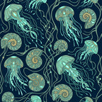 navy blue, turquoise, mint green, gold, steampunk, jellyfish, nautical, ocean, sea creatures, mechanical, gears, intricate patterns, decorative, whimsical, fantasy, vintage, art nouveau, decorative swirls, bioluminescent, deep sea, intricate linework, glowing, ornamental, marine life, tentacles, shell motifs, spirals, abstract nature, ethereal, enchanted