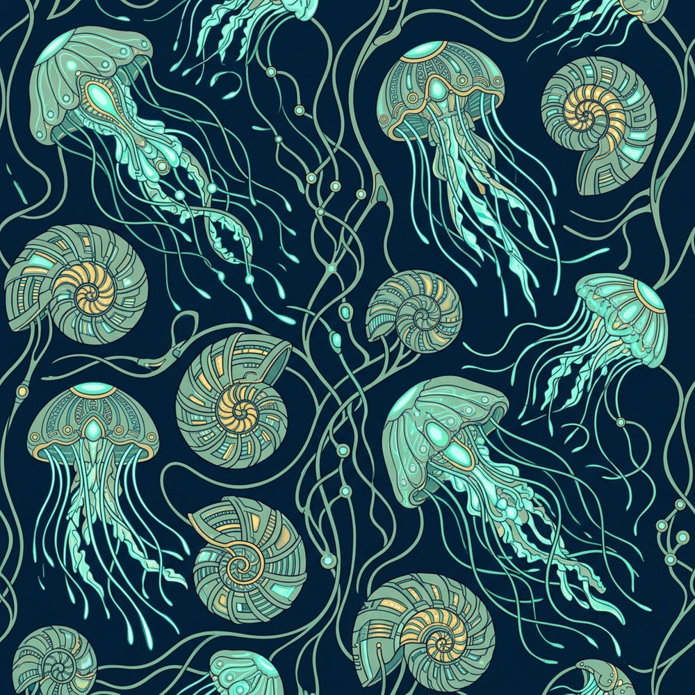 navy blue, turquoise, mint green, gold, steampunk, jellyfish, nautical, ocean, sea creatures, mechanical, gears, intricate patterns, decorative, whimsical, fantasy, vintage, art nouveau, decorative swirls, bioluminescent, deep sea, intricate linework, glowing, ornamental, marine life, tentacles, shell motifs, spirals, abstract nature, ethereal, enchanted