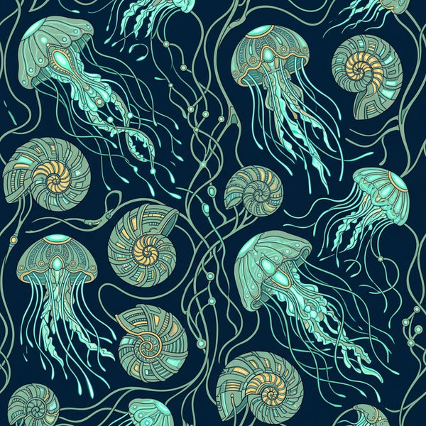 navy blue, turquoise, mint green, gold, steampunk, jellyfish, nautical, ocean, sea creatures, mechanical, gears, intricate patterns, decorative, whimsical, fantasy, vintage, art nouveau, decorative swirls, bioluminescent, deep sea, intricate linework, glowing, ornamental, marine life, tentacles, shell motifs, spirals, abstract nature, ethereal, enchanted