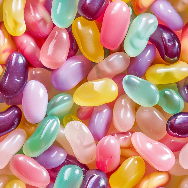 jelly beans, candy pattern, bright colors, pink, purple, yellow, green, orange, glossy finish, oval shapes, scattered design, sweet treats, food motif,, fabric panel, vibrant hues, confectionery theme, multicolored, dessert pattern, cheerful mood