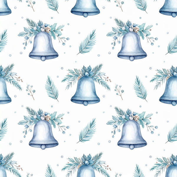 dusty blue, slate blue, pale blue, soft blue, teal, sage green, silver, winter white, bells, christmas, holiday, festive, evergreen branches, pine needles, berries, floral, botanical, nature, elegant, whimsical, traditional, christmas trees, winter foliage, decorative elements, nursery, baby, children's, seasonal, celebration, festive décor