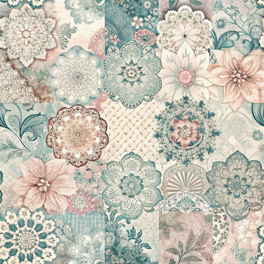 sage green, dusty pink, cream, ivory, teal, floral motifs, mandala patterns, decorative flowers, patchwork squares, vintage blooms, ornate designs, intricate details, botanical elements, layered petals, spring florals,, fabric panel, soft pastels, romantic style, feminine aesthetic