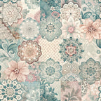 sage green, dusty pink, cream, ivory, teal, floral motifs, mandala patterns, decorative flowers, patchwork squares, vintage blooms, ornate designs, intricate details, botanical elements, layered petals, spring florals,, fabric panel, soft pastels, romantic style, feminine aesthetic