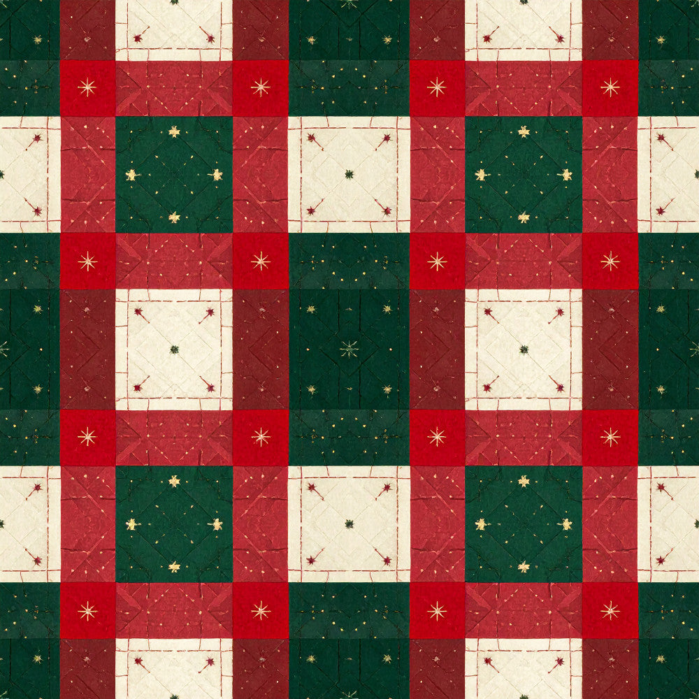 forest green, deep red, cream, gold, christmas, holiday, geometric, quilted, stars, snowflakes, traditional, festive, vintage, plaid pattern, winter, seasonal, elegant, classic, burgundy, evergreen, celestial, retro, nostalgic, patchwork, red and green, gold accents, holiday decor, timeless, checkered, decorative stars