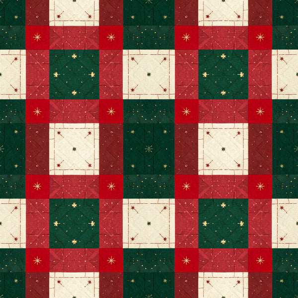forest green, deep red, cream, gold, christmas, holiday, geometric, quilted, stars, snowflakes, traditional, festive, vintage, plaid pattern, winter, seasonal, elegant, classic, burgundy, evergreen, celestial, retro, nostalgic, patchwork, red and green, gold accents, holiday decor, timeless, checkered, decorative stars