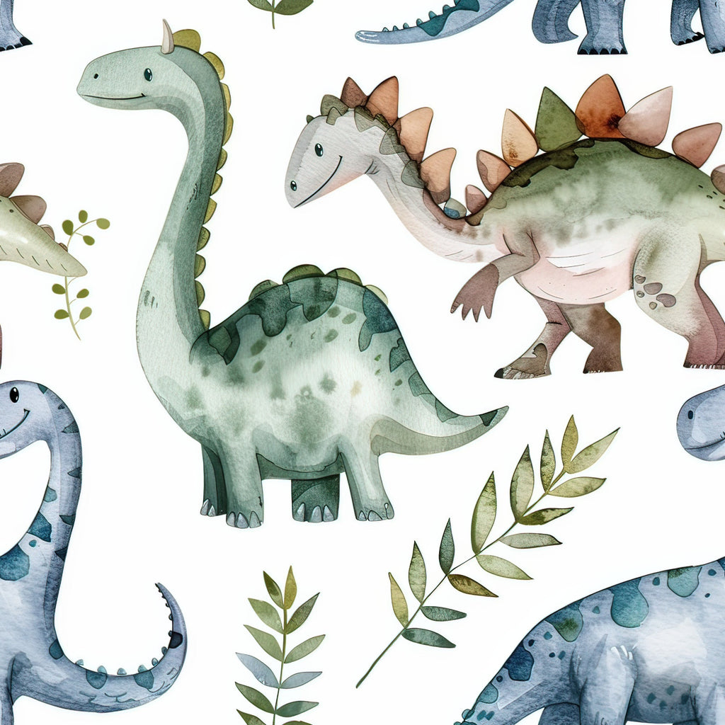 watercolor dinosaurs, sage green, blue-gray, earth tones, prehistoric creatures, stegosaurus, brontosaurus, long neck dinosaur, botanical leaves, fern fronds, gentle art style, soft watercolor,, fabric panel, nursery theme, children's fabric, whimsical dinosaurs, nature pattern, seamless repeat, craft fabric