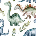 watercolor dinosaurs, sage green, blue-gray, earth tones, prehistoric creatures, stegosaurus, brontosaurus, long neck dinosaur, botanical leaves, fern fronds, gentle art style, soft watercolor,, fabric panel, nursery theme, children's fabric, whimsical dinosaurs, nature pattern, seamless repeat, craft fabric