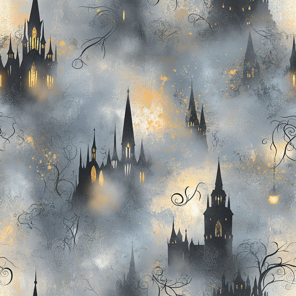 charcoal black, gold, cream, silver gray, castles, gothic, fairy tale, fantasy, magical, enchanted, whimsical, elegant, mysterious, dramatic, dark academia, celestial, ornate spires, glowing windows, mist, foggy, storybook, castle towers, branches, twigs, luminous, twilight, nighttime, dreamy, haunting, timeless