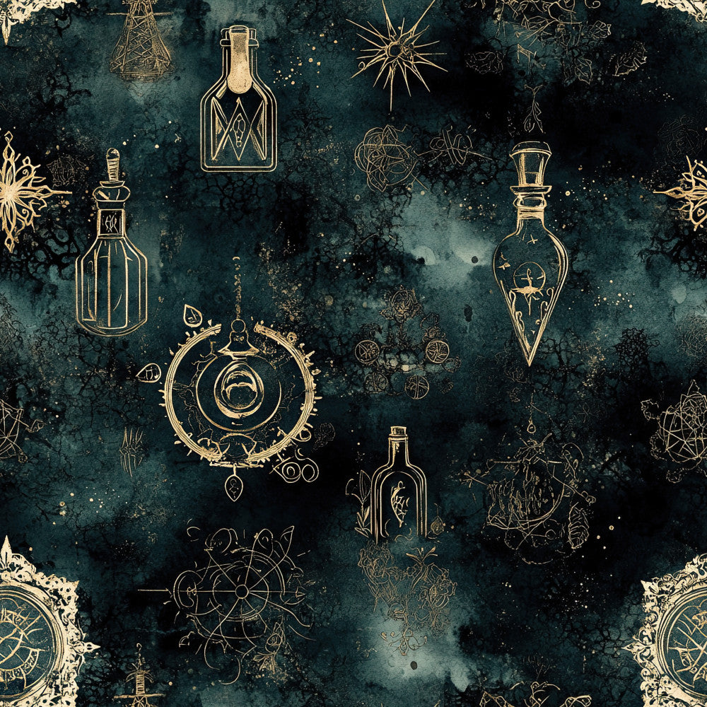 teal, dark teal, navy blue, gold, metallic gold, celestial, mystical, witchy, potion bottles, apothecary, alchemy, moon phases, stars, sunburst, steampunk, vintage, gothic, dark academia, magical, enchanted, botanical, nature, elegant, ornate, occult, spell books, mystical symbols, celestial objects, moody, sophisticated