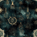 teal, dark teal, navy blue, gold, metallic gold, celestial, mystical, witchy, potion bottles, apothecary, alchemy, moon phases, stars, sunburst, steampunk, vintage, gothic, dark academia, magical, enchanted, botanical, nature, elegant, ornate, occult, spell books, mystical symbols, celestial objects, moody, sophisticated