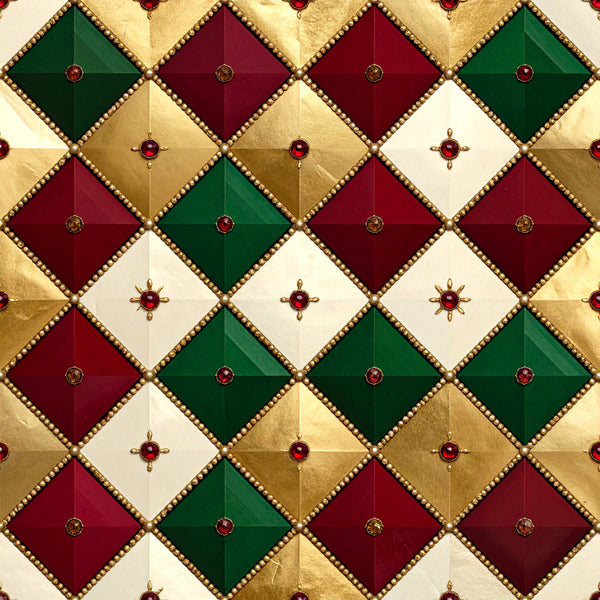deep red, forest green, cream, gold, diamond pattern, geometric, quilted, jeweled, elegant, traditional, luxurious, holiday, christmas, winter, royal, ornate, beaded trim, jewel tones, burgundy, emerald green, vintage, formal, decorative, dimensional, seasonal, festive, upholstered, sophisticated, rich colors