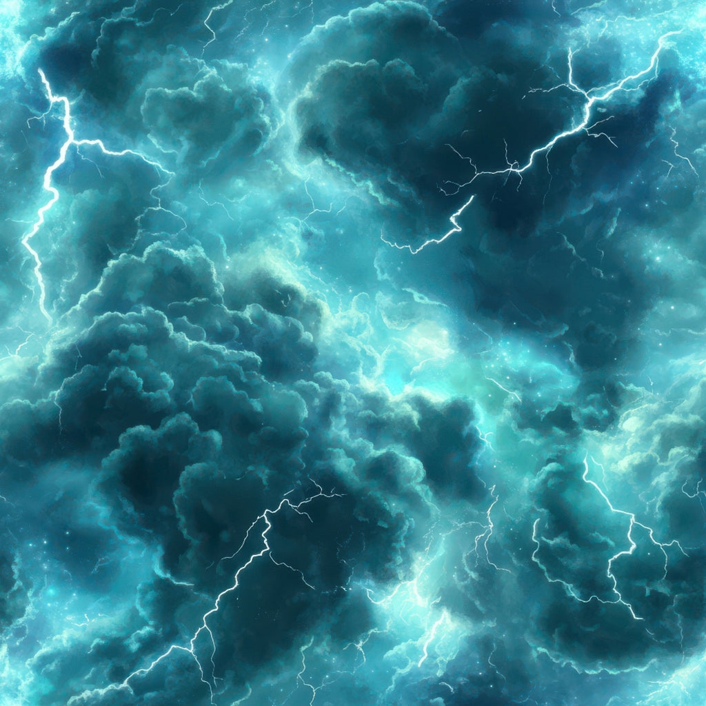 turquoise, teal, aqua, electric blue, white, storm clouds, lightning bolts, thunderstorm, dramatic sky, atmospheric, moody,, fabric panel, weather pattern, electric energy, storm system, cloudy texture, nature scene, tempest, meteorological