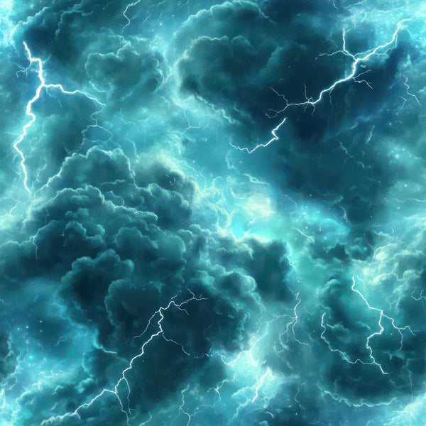 turquoise, teal, aqua, electric blue, white, storm clouds, lightning bolts, thunderstorm, dramatic sky, atmospheric, moody,, fabric panel, weather pattern, electric energy, storm system, cloudy texture, nature scene, tempest, meteorological