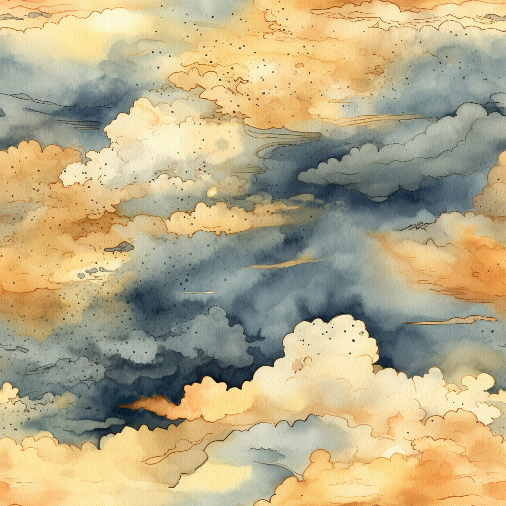 sunset colors, orange hues, blue gray clouds, watercolor style, sky scene, cloudy atmosphere, warm tones, cool blues, dreamy clouds, atmospheric design,, fabric panel, nature inspired, evening sky, soft blending, artistic clouds, serene mood, landscape pattern, cotton fabric, sunset theme