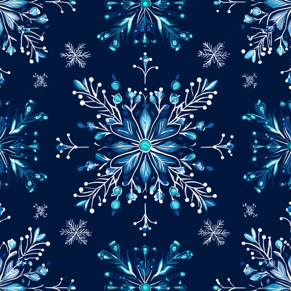 navy blue, turquoise, cyan, white, icy blue, snowflake, geometric, floral, mandala, symmetrical, winter, frozen, holiday, celestial, elegant, modern, whimsical, crystalline, botanical, sparkle, glowing, luminous, winter wonderland, christmas, snow, ornamental, decorative, festive, magical