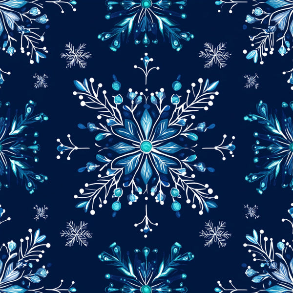 navy blue, turquoise, cyan, white, icy blue, snowflake, geometric, floral, mandala, symmetrical, winter, frozen, holiday, celestial, elegant, modern, whimsical, crystalline, botanical, sparkle, glowing, luminous, winter wonderland, christmas, snow, ornamental, decorative, festive, magical