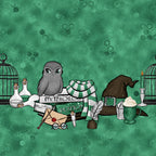 emerald green, forest green, sage green, hexagonal patterns, geometric bubbles, gray owl, witch hat, potion bottles, magic wands, birdcage, quill feather, envelope, round glasses, candle flame, wizarding theme, fantasy elements, magical academy,, fabric panel, mystical atmosphere, enchanted objects