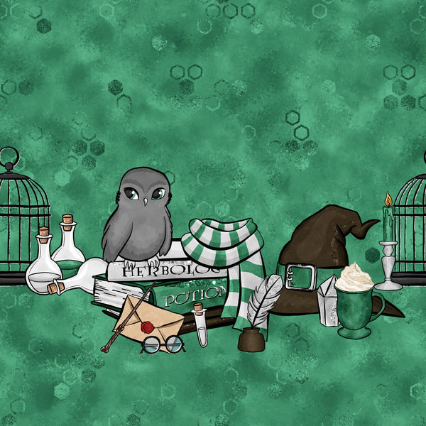 emerald green, forest green, sage green, hexagonal patterns, geometric bubbles, gray owl, witch hat, potion bottles, magic wands, birdcage, quill feather, envelope, round glasses, candle flame, wizarding theme, fantasy elements, magical academy,, fabric panel, mystical atmosphere, enchanted objects