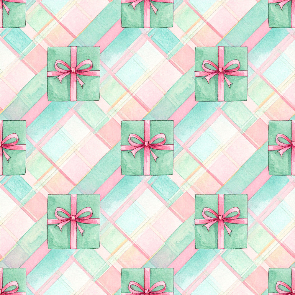 mint green, pale pink, soft turquoise, seafoam, blush pink, cream, pastel, gift boxes, presents, bows, ribbons, herringbone, geometric, diagonal pattern, gift wrapping theme, celebration, festive, whimsical, modern, contemporary, spring, holiday, birthday, special occasion, baby shower, nursery, playroom, kids room, elegant, cheerful