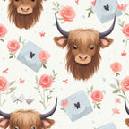highland cows, floral pattern, coral roses, sage green leaves, cream background, light blue envelopes, black butterflies, handdrawn illustration, whimsical design, pastoral theme,, fabric panel, cottage core, farmhouse style, soft pastels, repeating pattern, adorable animals, fluffy texture, pink flowers, nature motifs