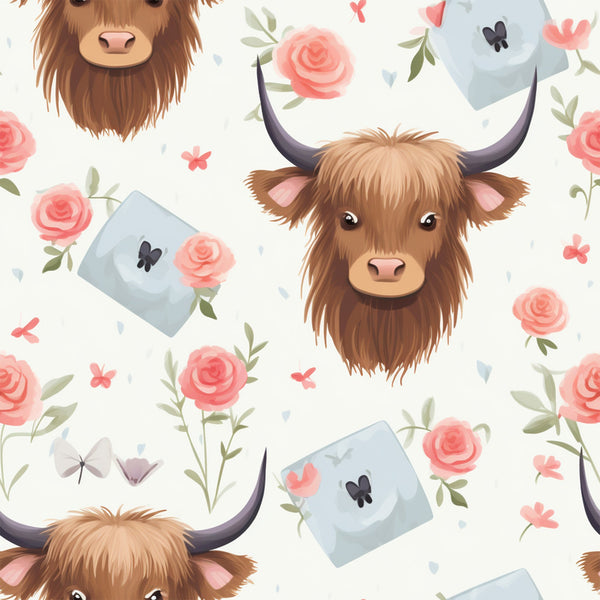 highland cows, floral pattern, coral roses, sage green leaves, cream background, light blue envelopes, black butterflies, handdrawn illustration, whimsical design, pastoral theme,, fabric panel, cottage core, farmhouse style, soft pastels, repeating pattern, adorable animals, fluffy texture, pink flowers, nature motifs