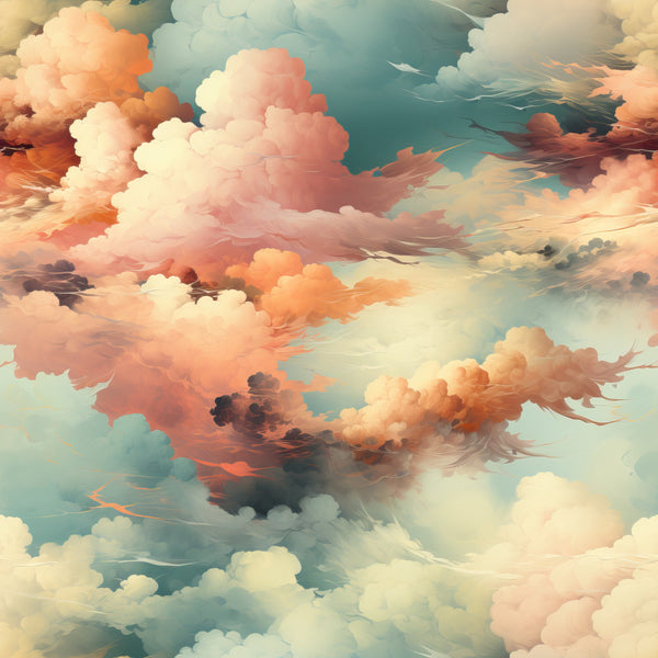 peach, coral pink, cream, ivory, soft white, dusty rose, blush pink, sage green, soft blue, teal, golden orange, clouds, sky, celestial, dreamy, whimsical, abstract, watercolor, ethereal, soft, gentle, peaceful, serene, nature, sky scene, fluffy clouds, sunset, sunrise, nursery, baby room