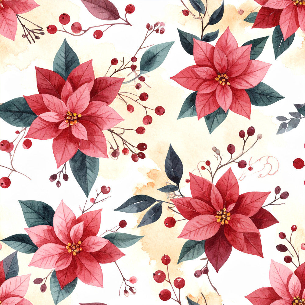 coral pink, deep red, burgundy, crimson red, forest green, dark teal, cream, ivory, poinsettia, floral, botanical, nature, vintage, elegant, romantic, christmas, holiday, winter, berries, leaves, traditional, watercolor, festive, seasonal, home decor, garden flowers, natural elements, timeless