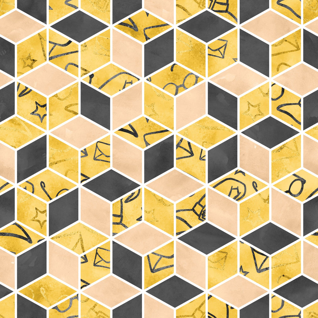 geometric hexagons, yellow mustard, charcoal gray, peach blush,, fabric panel, magical symbols, stars, geometric shapes, abstract patterns, honeycomb design, wizard theme, school motifs, textured appearance, contemporary style, crafting material, sewing fabric, patchwork design, mystical elements, modern geometric