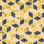 geometric hexagons, yellow mustard, charcoal gray, peach blush,, fabric panel, magical symbols, stars, geometric shapes, abstract patterns, honeycomb design, wizard theme, school motifs, textured appearance, contemporary style, crafting material, sewing fabric, patchwork design, mystical elements, modern geometric