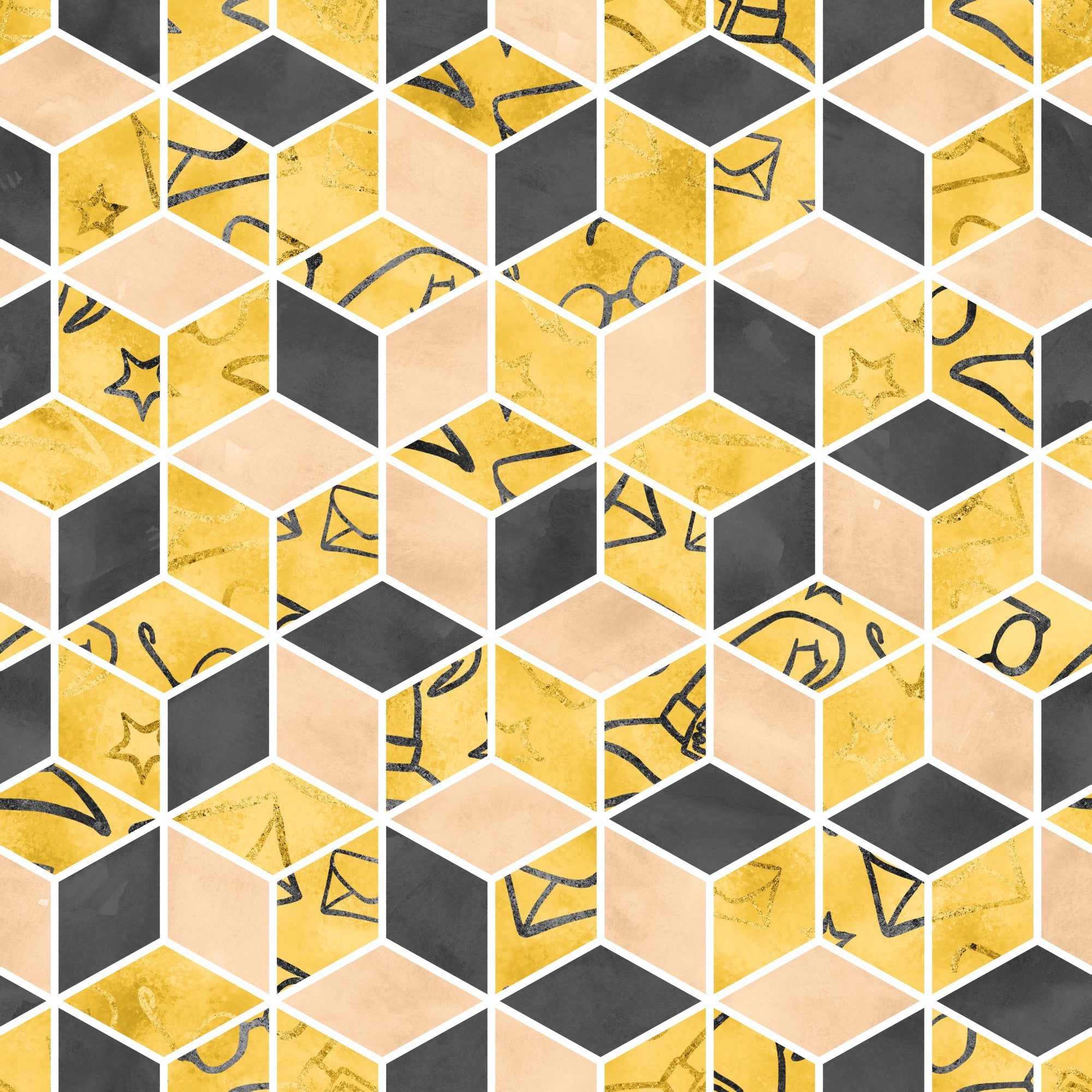 geometric hexagons, yellow mustard, charcoal gray, peach blush,, fabric panel, magical symbols, stars, geometric shapes, abstract patterns, honeycomb design, wizard theme, school motifs, textured appearance, contemporary style, crafting material, sewing fabric, patchwork design, mystical elements, modern geometric